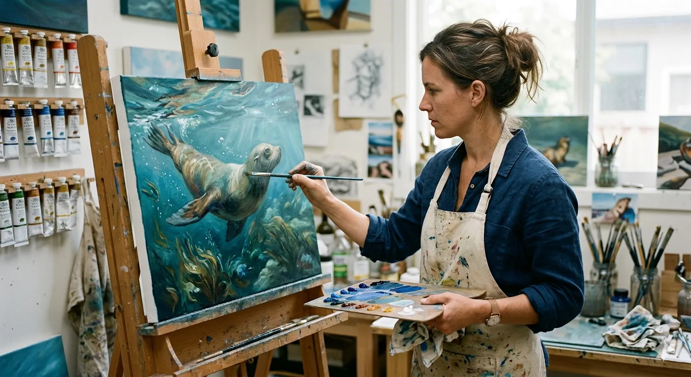 Artista pintando lobo marino